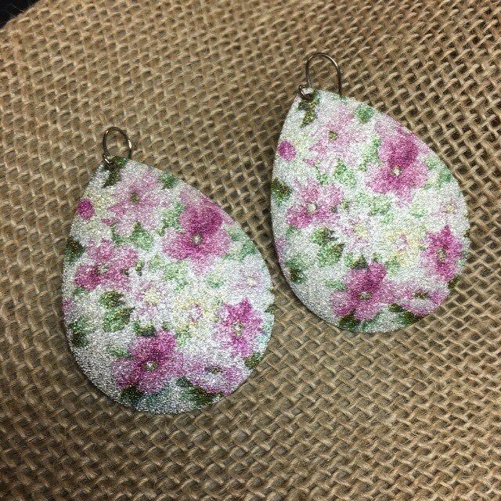 Floral Teardrop Pierced Earrings Big Iridescent Pink Purple Green Retro BoHo